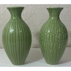 2 Vintage Green 6" Ceramic Collectible Pottery Embossed Small Vases